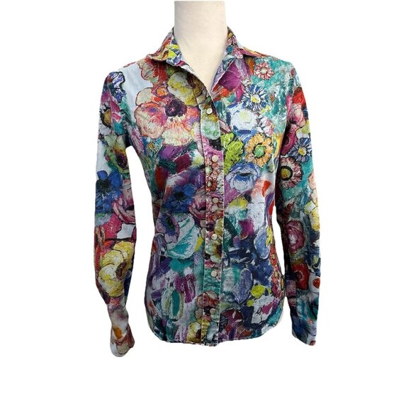 Just Cavalli Floral Art Wear Made In Italy Snap Button Blouse Women 40 / Small - Picture 1 of 14